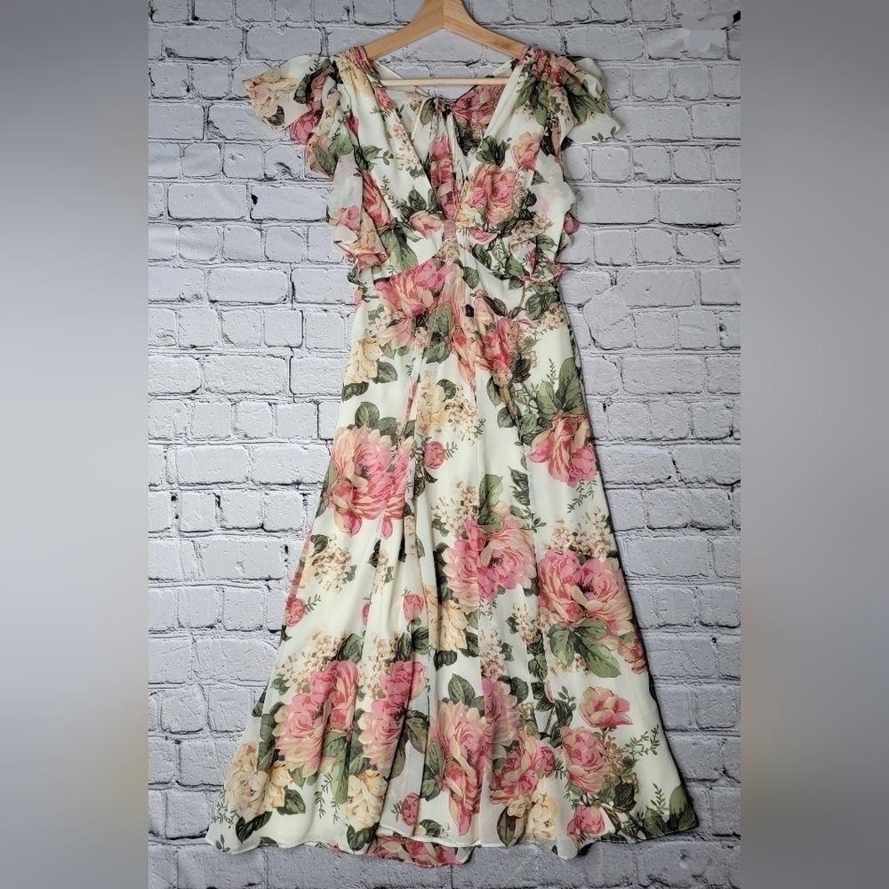 Divine Heritage Twist Back Midi Dress In Ivory Peach Pink Floral Print Size S‎ - Picture 2 of 14